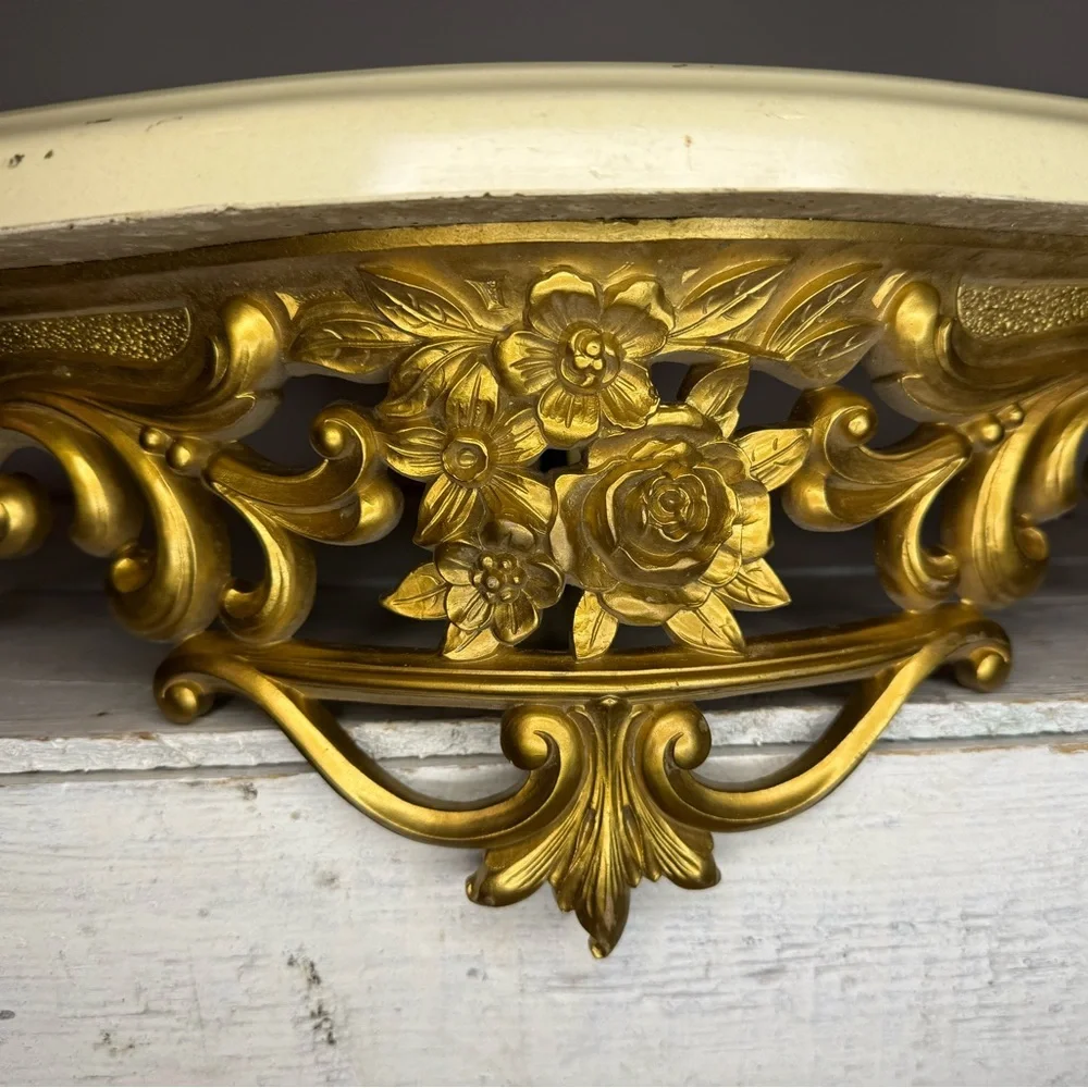 Vtg 1965s Gold Ornate Rose & Marble Wall Shelf Dart Syroco Hollywood Regency MCM